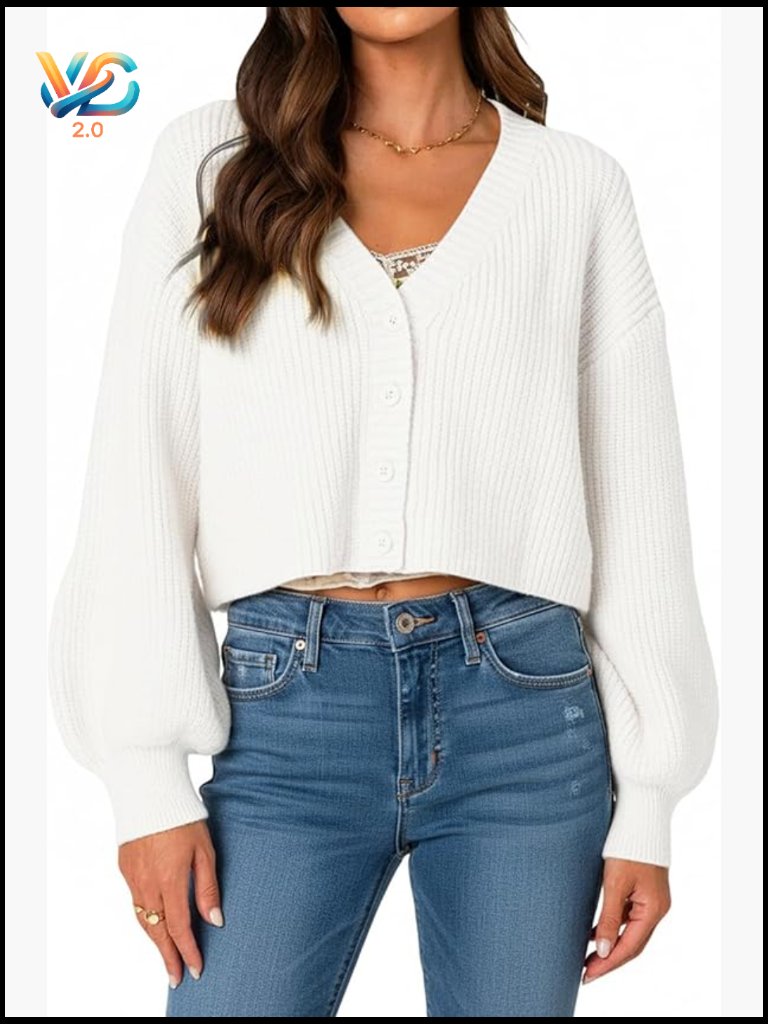 Chunky Knit Cropped Cardigan V-Neck Button Front Oversized Cozy Fall Sweater